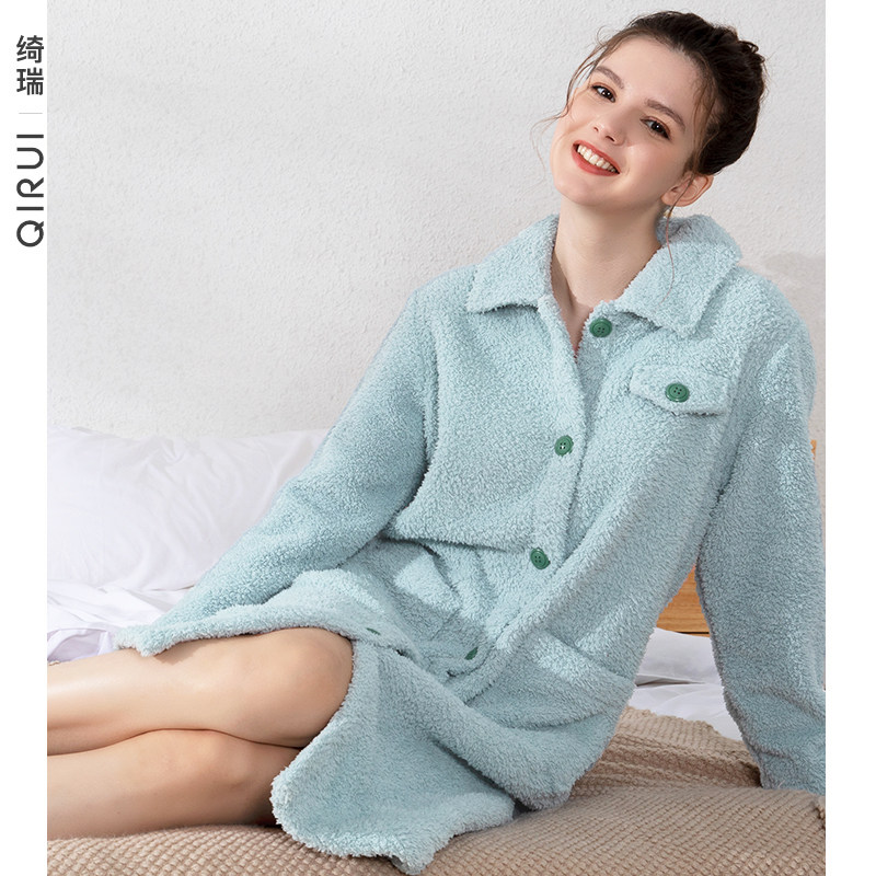 绮瑞睡裙女秋冬珊瑚绒加厚睡衣冬季女款雪花绒纯色开衫中长款睡袍