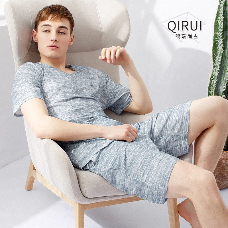 绮瑞男士莫代尔睡衣夏季短袖短裤套装男夏薄款棉绸宽松大码家居服