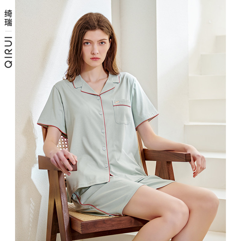 绮瑞女款睡衣夏季纯棉短袖短裤开衫薄款家居服套装舒适简约可外穿