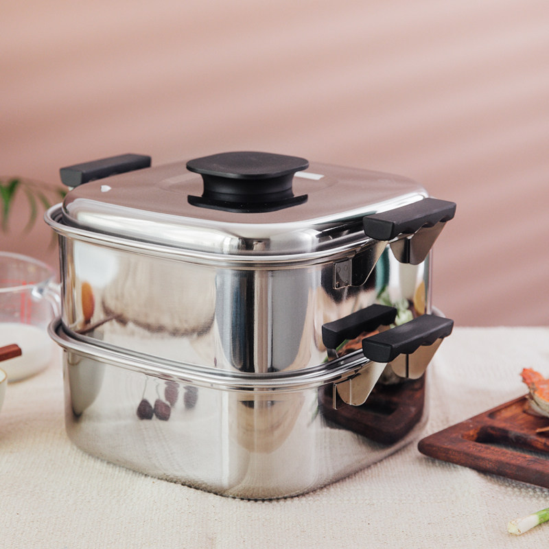 日本进口桃印神子岛制作所双层不锈钢方形大容量蒸锅 加厚锅底