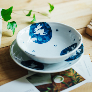 【新品上架】日本进口美浓烧 日式碗饭碗釉下彩兔子碗盘家用餐具
