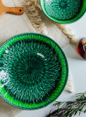 日本原装进口濑户烧 高脚碗家用日式陶瓷绿色琉璃高台碗精致餐具