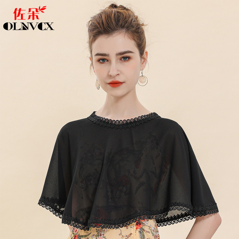 2023新款雪纺小披肩防晒披风外套斗篷旗袍外搭黑色披巾礼服批肩薄