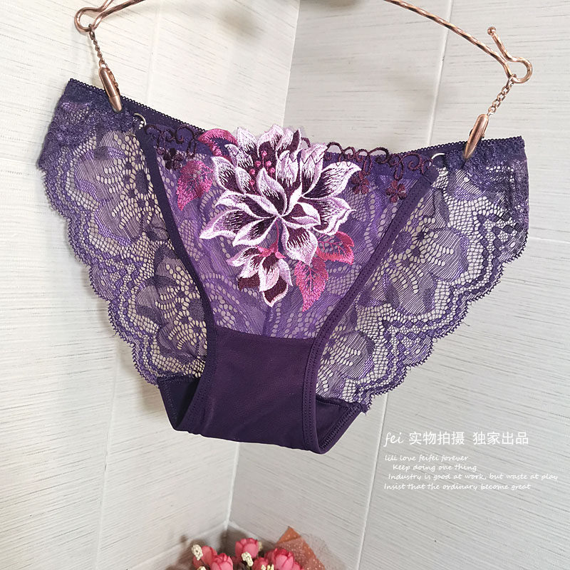 低腰蕾丝性感透明甜美网纱刺绣花朵女士内裤少女无痕三角裤