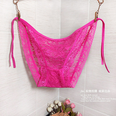 低腰蕾丝提花透明绑带性感女士内裤系带可调节大码火辣诱惑三角裤