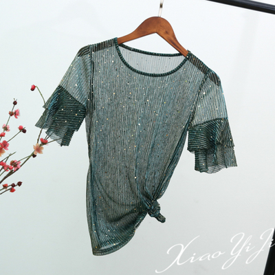 ins超火夏季新款荷叶边网纱金丝亮片t恤女透明薄款上衣小衫送吊带
