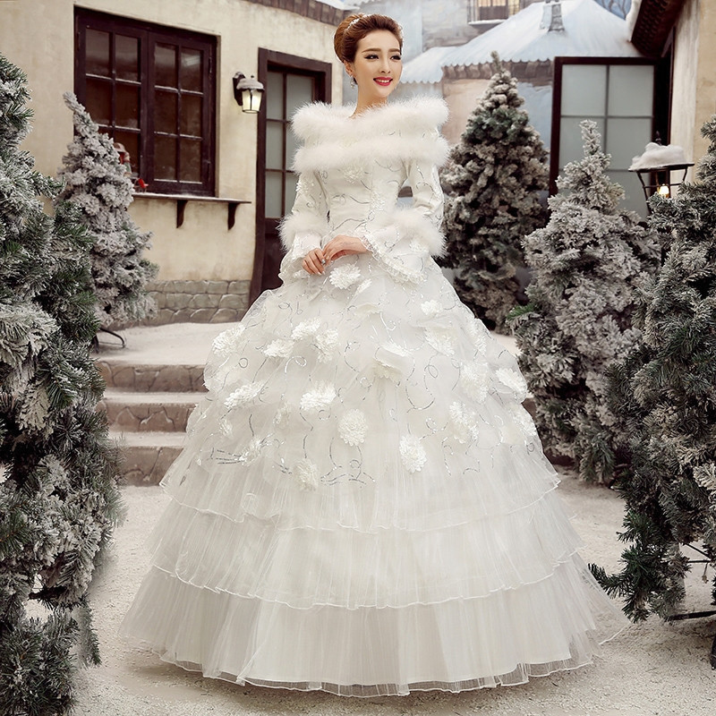 白色齐地加厚保暖冬天婚纱礼服