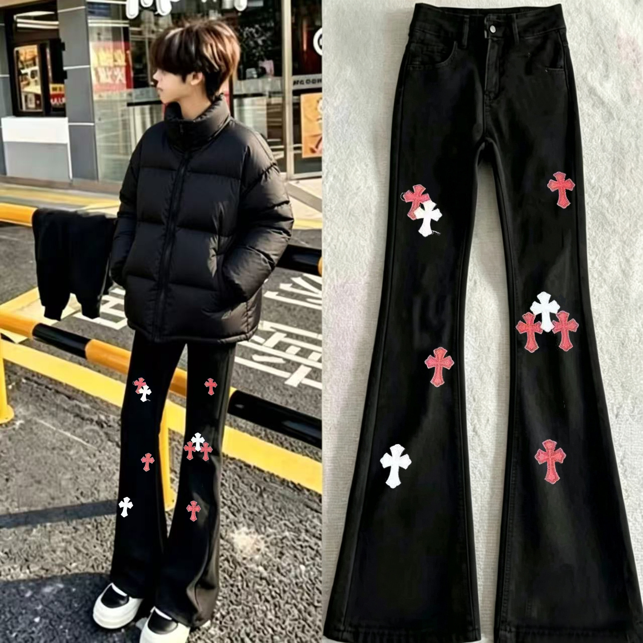 十字架牛仔裤印花男女新款美式高街vibe裤子潮牌痞帅炸街微喇长裤