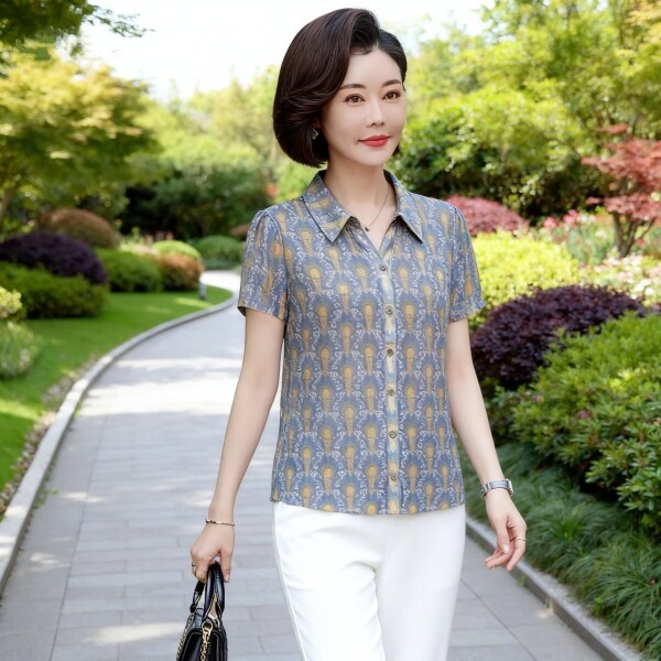 锦依罗专柜正品新品中年女夏装台湾纱短袖T恤时尚气质妈妈小衬衫