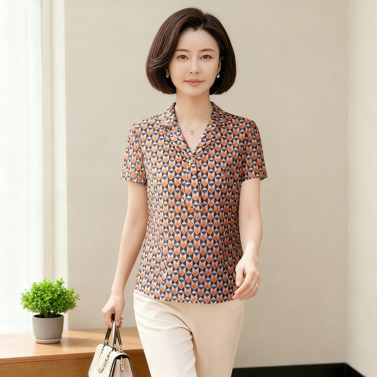 锦依罗专柜正品新品中年女夏装台湾纱短袖T恤时尚气质妈妈小衬衫