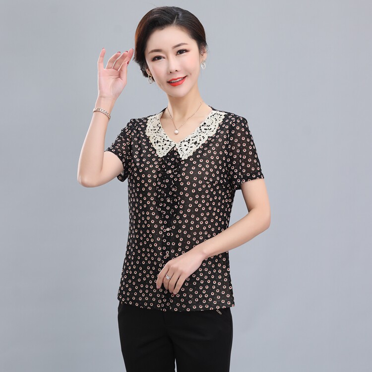 夏季蕾丝边白领t恤妈妈装