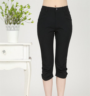 凯斯曼品牌折扣中年妈妈有口袋时尚大码中裤夏米色黑色七分裤子