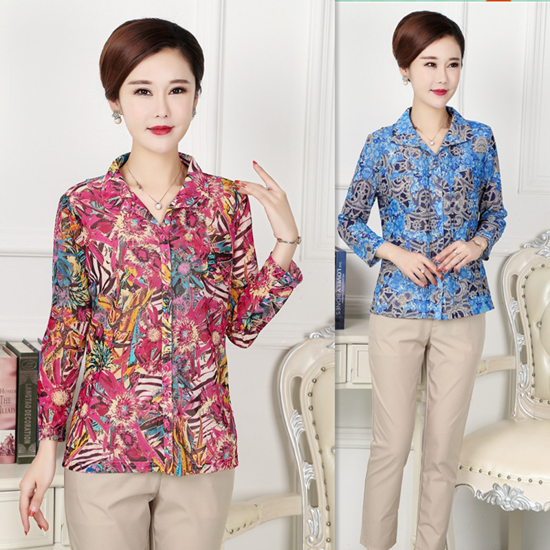 锦依罗奶奶七分袖上衣女台湾网纱夏衬衫中年妇女装中老年人春秋装