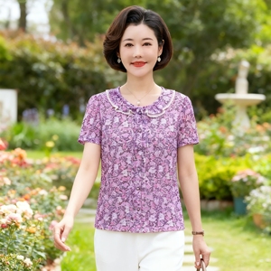 雪琳儿专柜正品新品中年女夏装台湾纱短袖T恤时尚气质妈妈小衬衫