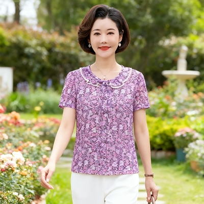 雪琳儿专柜正品新品中年女夏装台湾纱短袖T恤时尚气质妈妈小衬衫