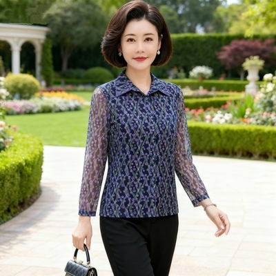 高品质专柜正品新品中年女夏装台湾纱短袖T恤时尚气质妈妈小衬衫