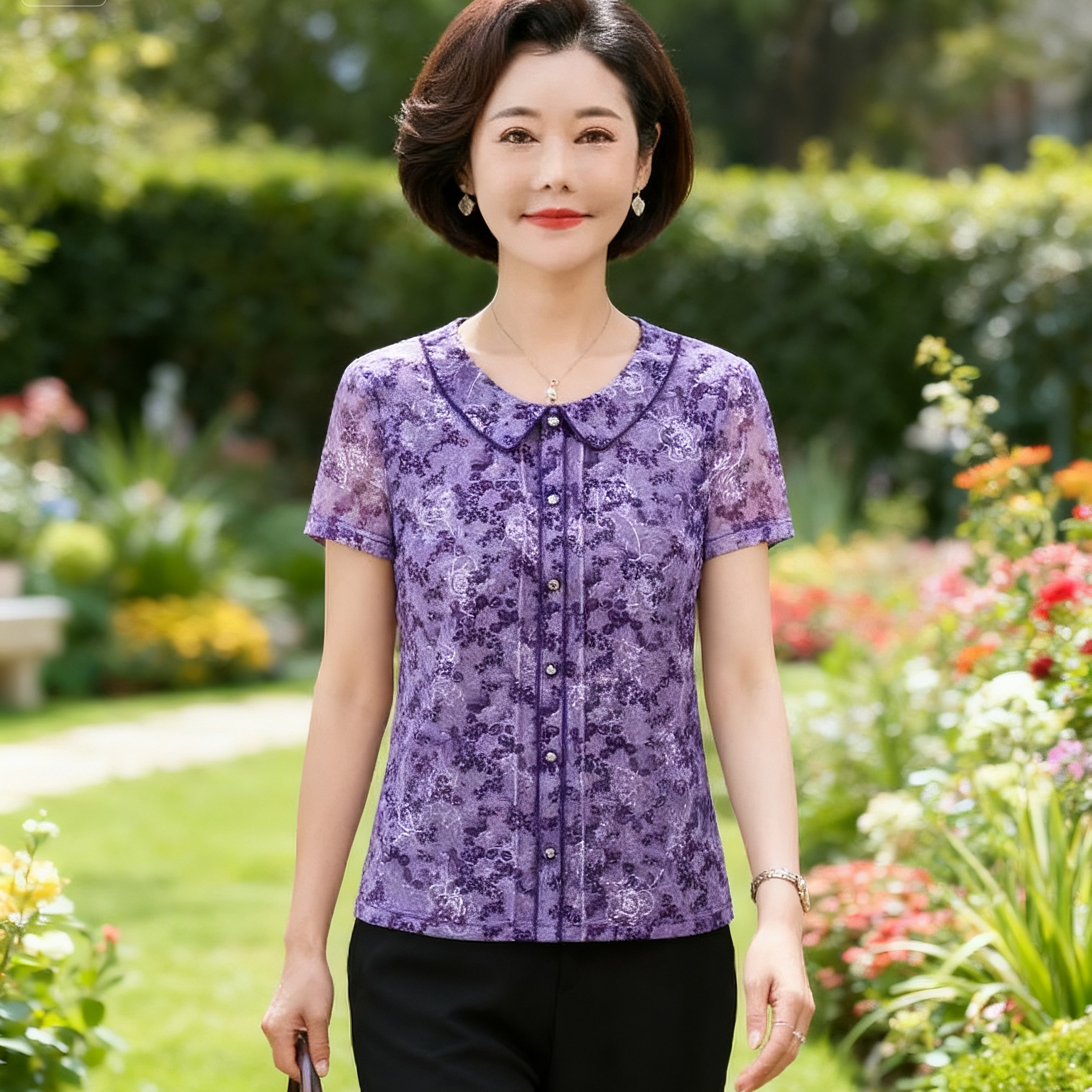 雪琳儿专柜正品新品中年女夏装台湾纱短袖T恤时尚气质妈妈小衬衫