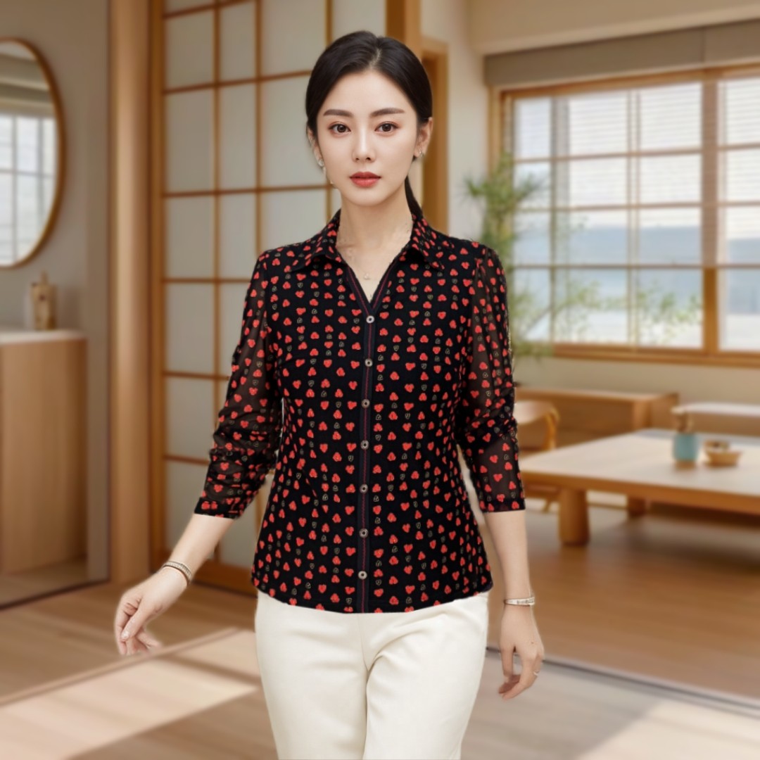 锦依罗专柜正品新品中年女夏装台湾纱短袖T恤时尚气质妈妈小衬衫