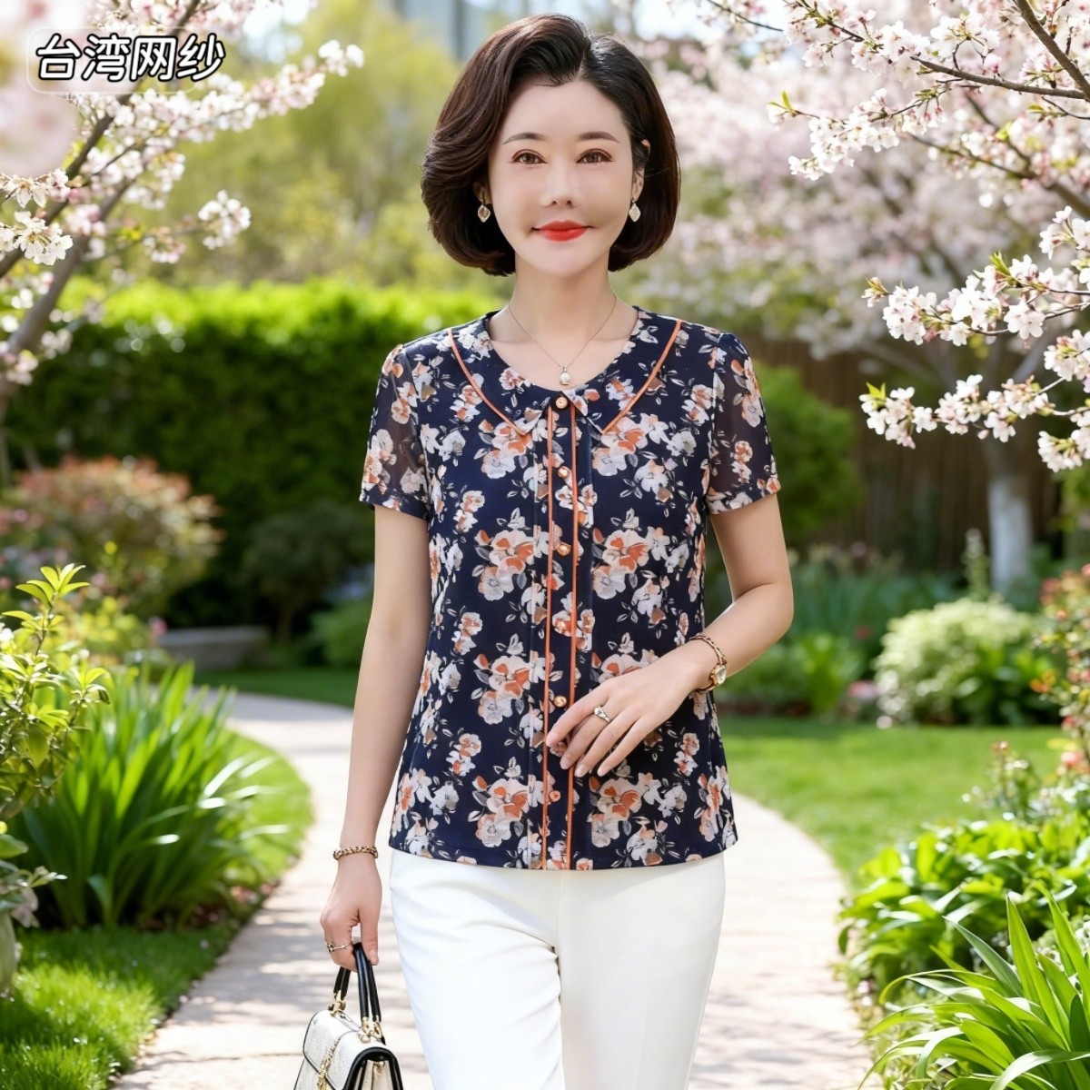 雪琳儿专柜正品新品中年女夏装台湾纱短袖T恤时尚气质妈妈小衬衫