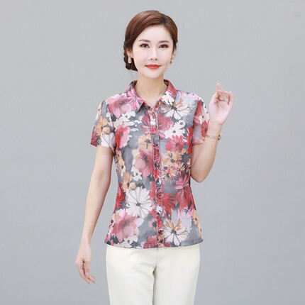 锦依罗专柜正品洋气 中年女夏装台湾纱短袖T恤时尚气质妈妈小衬衫
