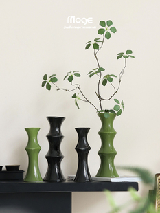 陌歌 新中式竹筒花瓶客厅轻奢高级感陶瓷插花器餐桌玄关装饰摆件