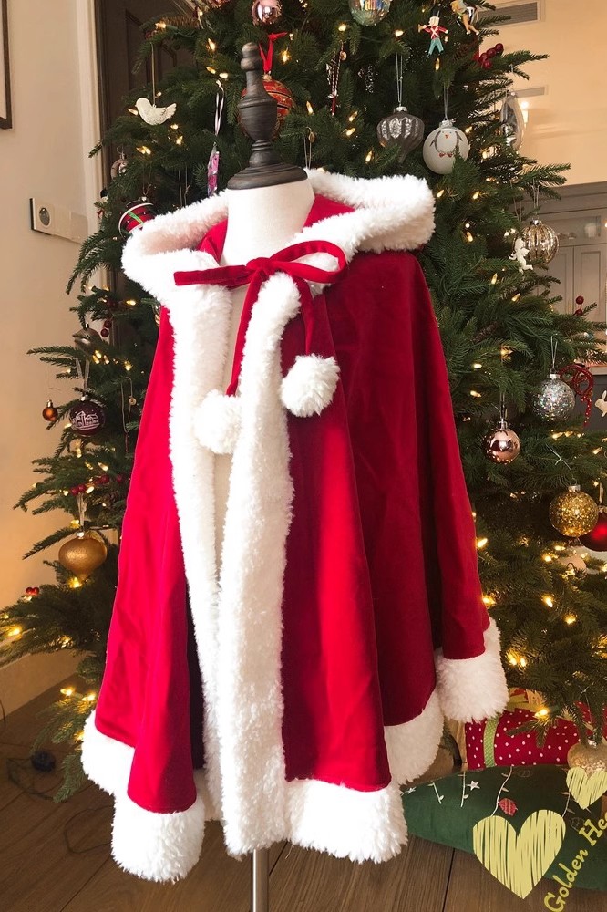 新年圣诞披风斗篷红色毛边绒带帽防风小红帽古风拜年cos女童衣服