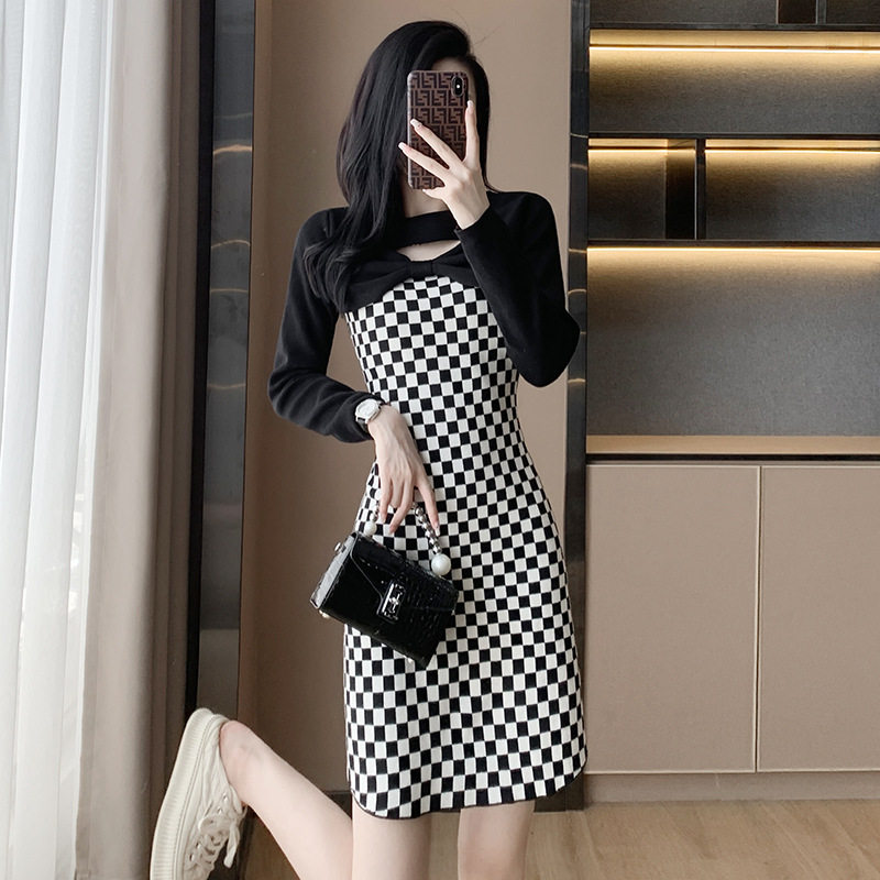 名媛小香风连衣裙女秋冬装跨境女装撞色格子高腰A字针织毛衣裙子
