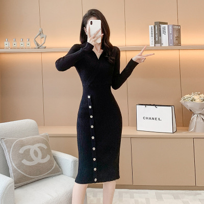 小香风过膝长款包臀针织连衣裙女2025秋冬季长袖打底毛衣小黑裙子