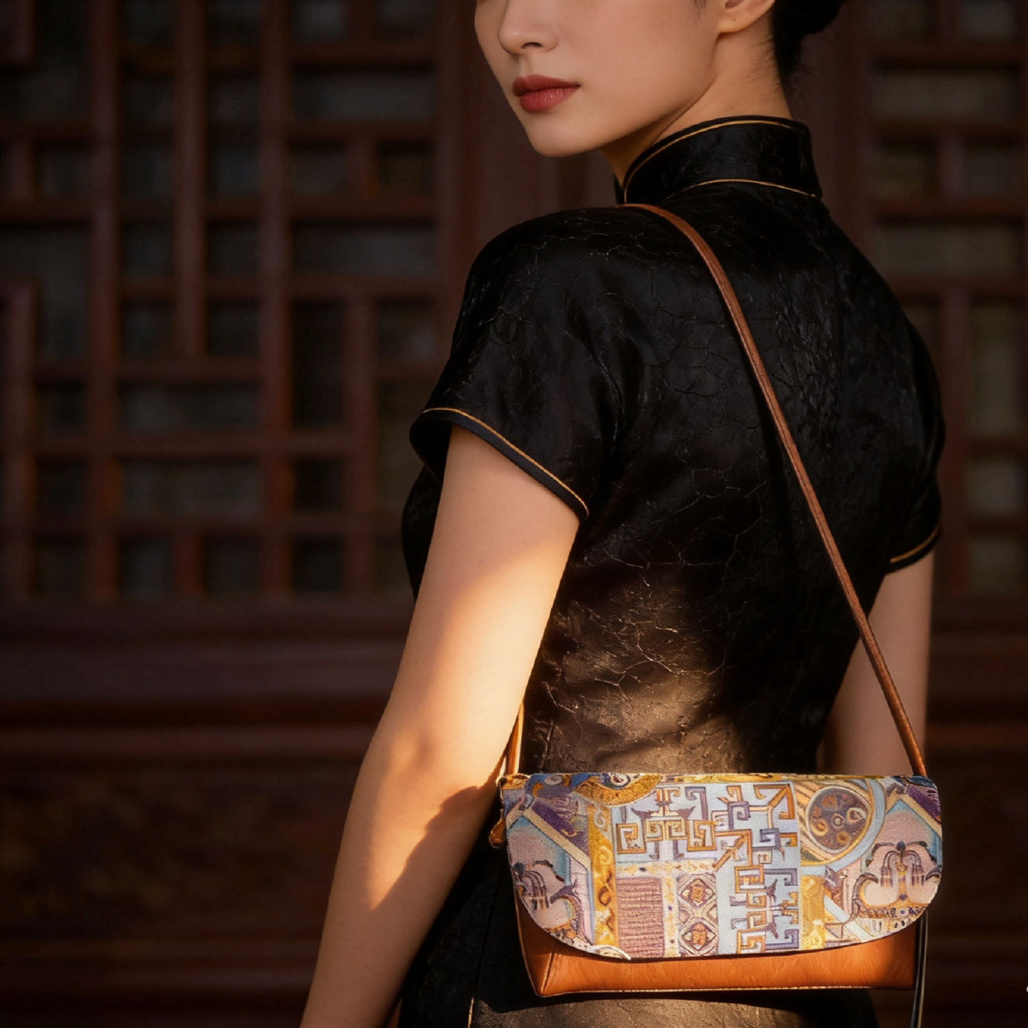 复古宋锦真丝几何轻便斜挎女包