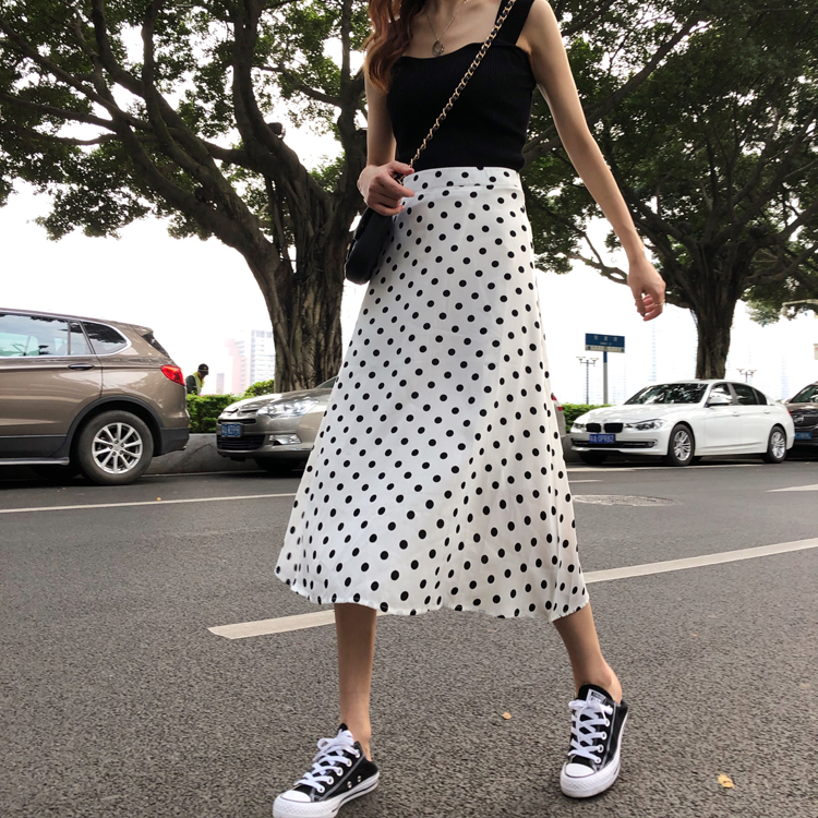 Real price photo new Polka Dot Chiffon Skirt women's medium length high waist thin character skirt trend