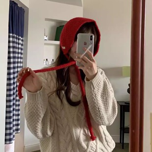 时髦单品纯色毛线系带小围脖女2025秋冬菠萝纹保暖护耳针织耳包套