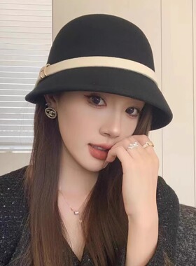 精选澳洲100%纯羊毛圆顶礼帽女秋冬高级感金属扣时尚显脸小渔夫帽