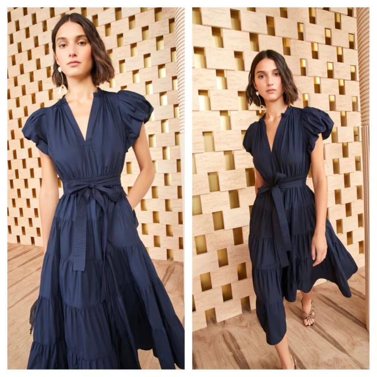 连衣裙女短袖纯棉新款大摆A字V领收腰显瘦显腿长气质法式高级长裙