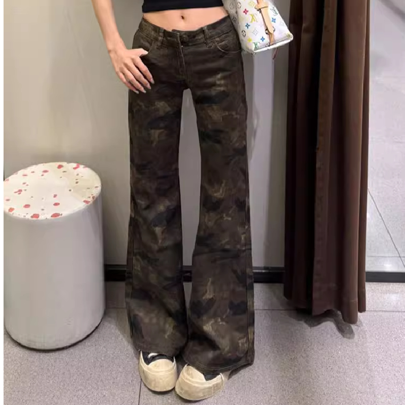 小个子迷彩微喇叭设计感牛仔裤女夏季新款低腰休闲显瘦直筒长裤子
