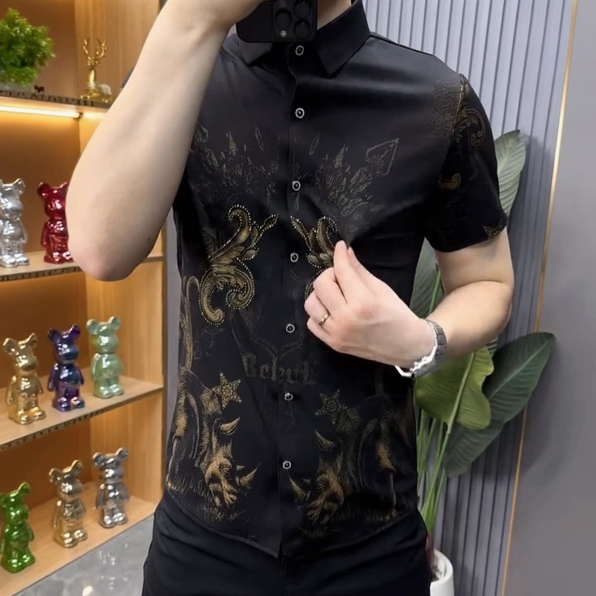 男士夏季烫金印花修身短袖衬衫