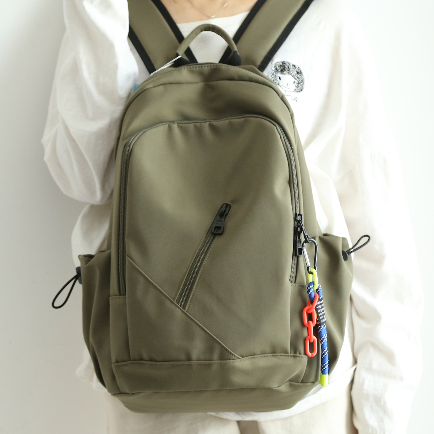 NR军绿色双肩包女大容量书包初中生男大学生简约轻便旅游双肩背包