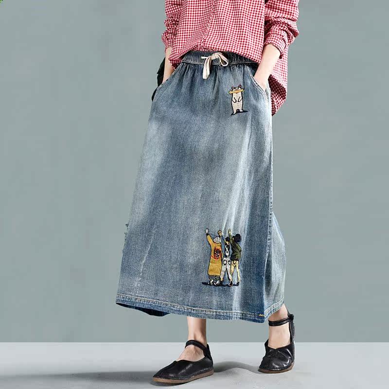 2019秋冬新款文艺刺绣松紧牛仔裙百搭显瘦中长款A字裙大摆半身裙|ruв категории Женская одежда, юбка - от Buy2taobao.com для оказания профессиональной услуги покупки агента Taobao