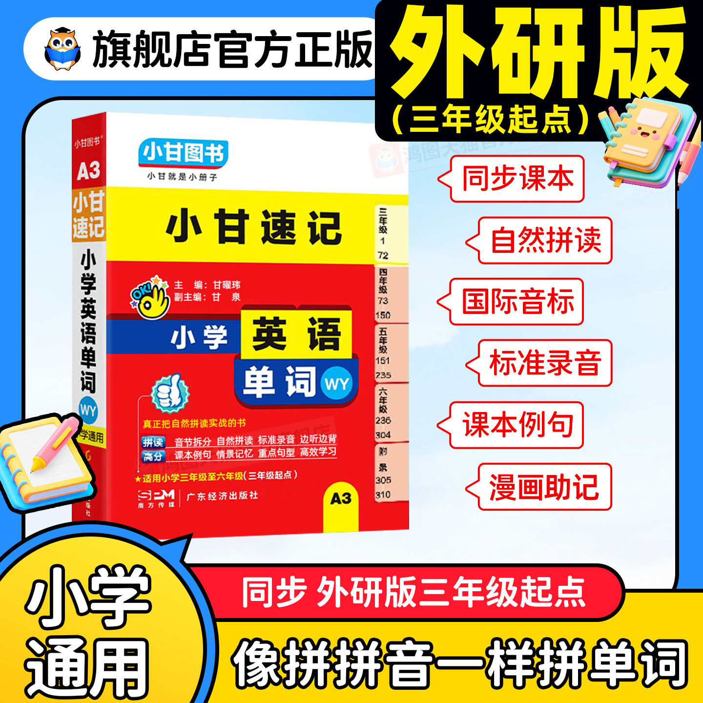 【外研版】小甘速记小学背英语单词速记手册小甘图书A3人教必背英语词汇三年级至六年级均适用拼读方法课本列句拓展搭配重点句型图片