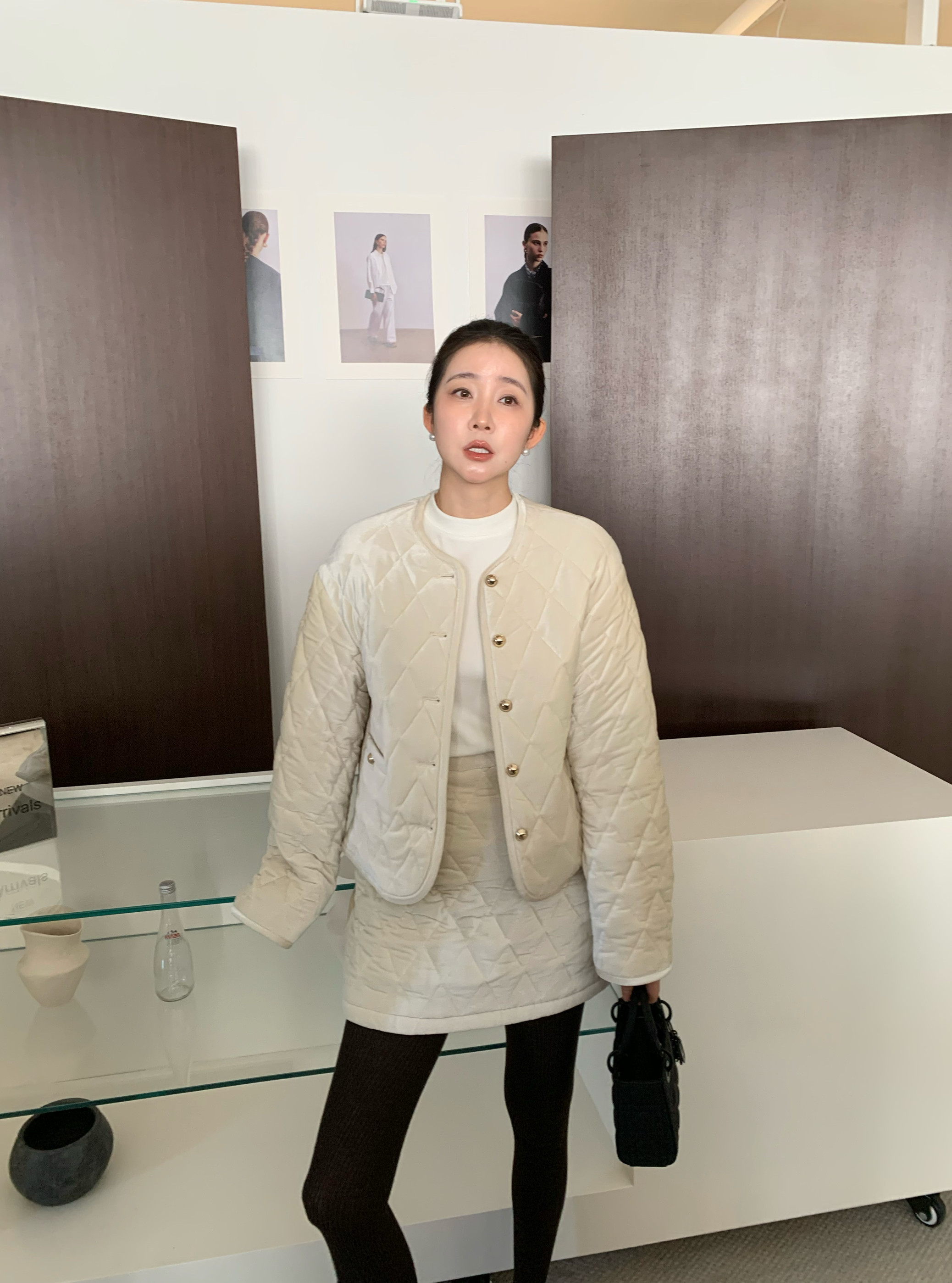 WIDELIA冬季高级圆领精致丝绒菱格外套+高腰a字短裙保暖棉服套装