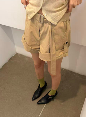 waitmore2026夏韩系可卷边纯色百搭含腰带显瘦休闲工装短裤女