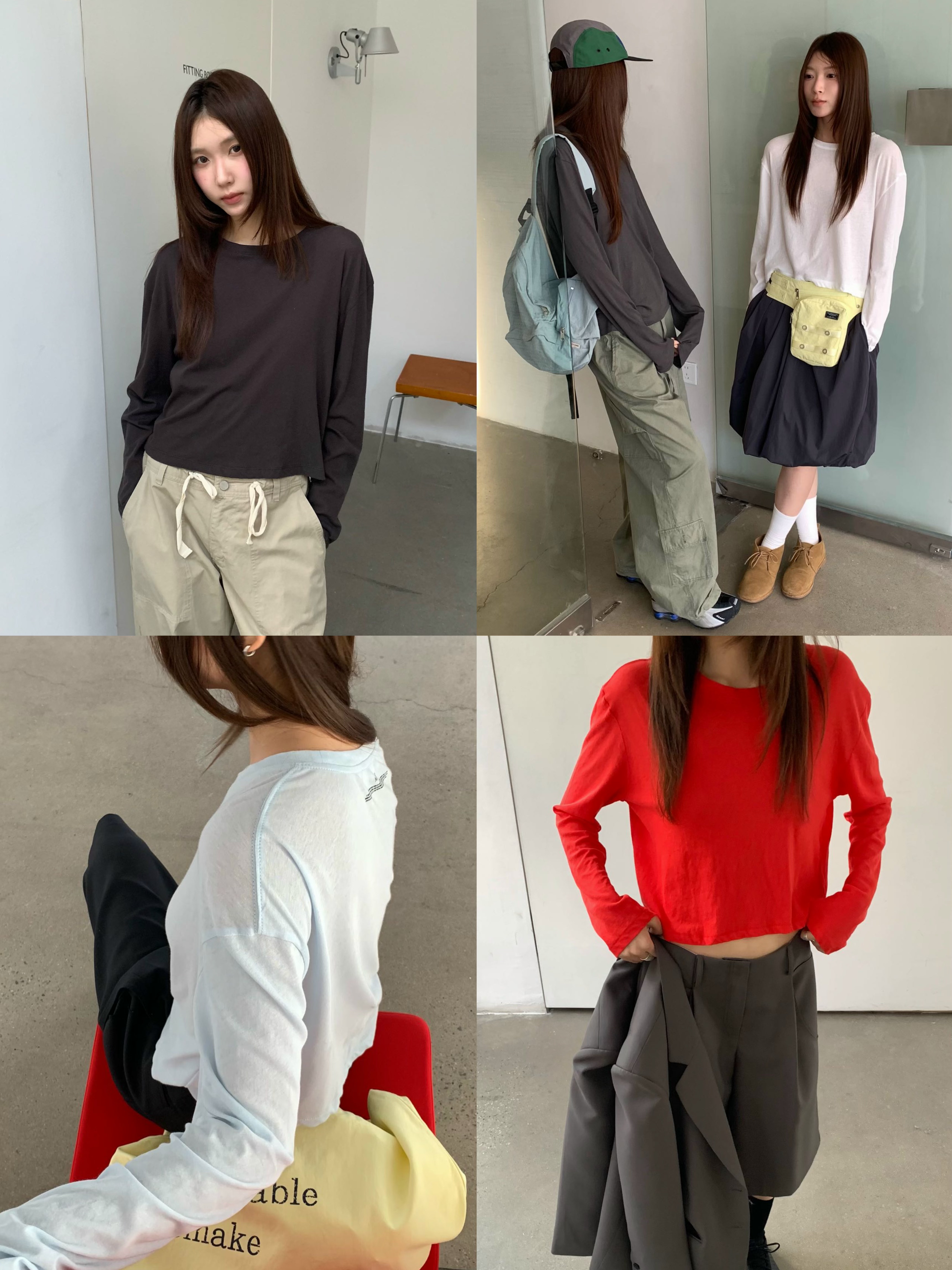 widelia简约纯色长袖打底衫上衣女圆领宽松后背字母印花T恤图片