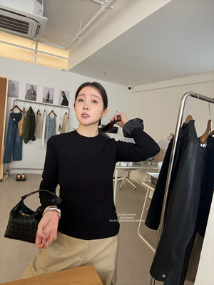WIDELIA设计感花边喇叭袖外穿打底上衣女圆领修身显瘦百搭长袖t恤