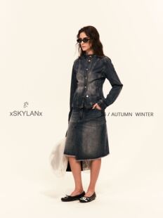 XSKYLANX2026秋季新款复古机车感立领牛仔外套女不规则牛仔半身裙