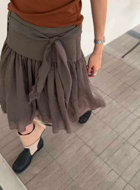 waitmore百搭休闲花苞半身裙女甜美气质绑带轻薄显瘦A字中长裙潮