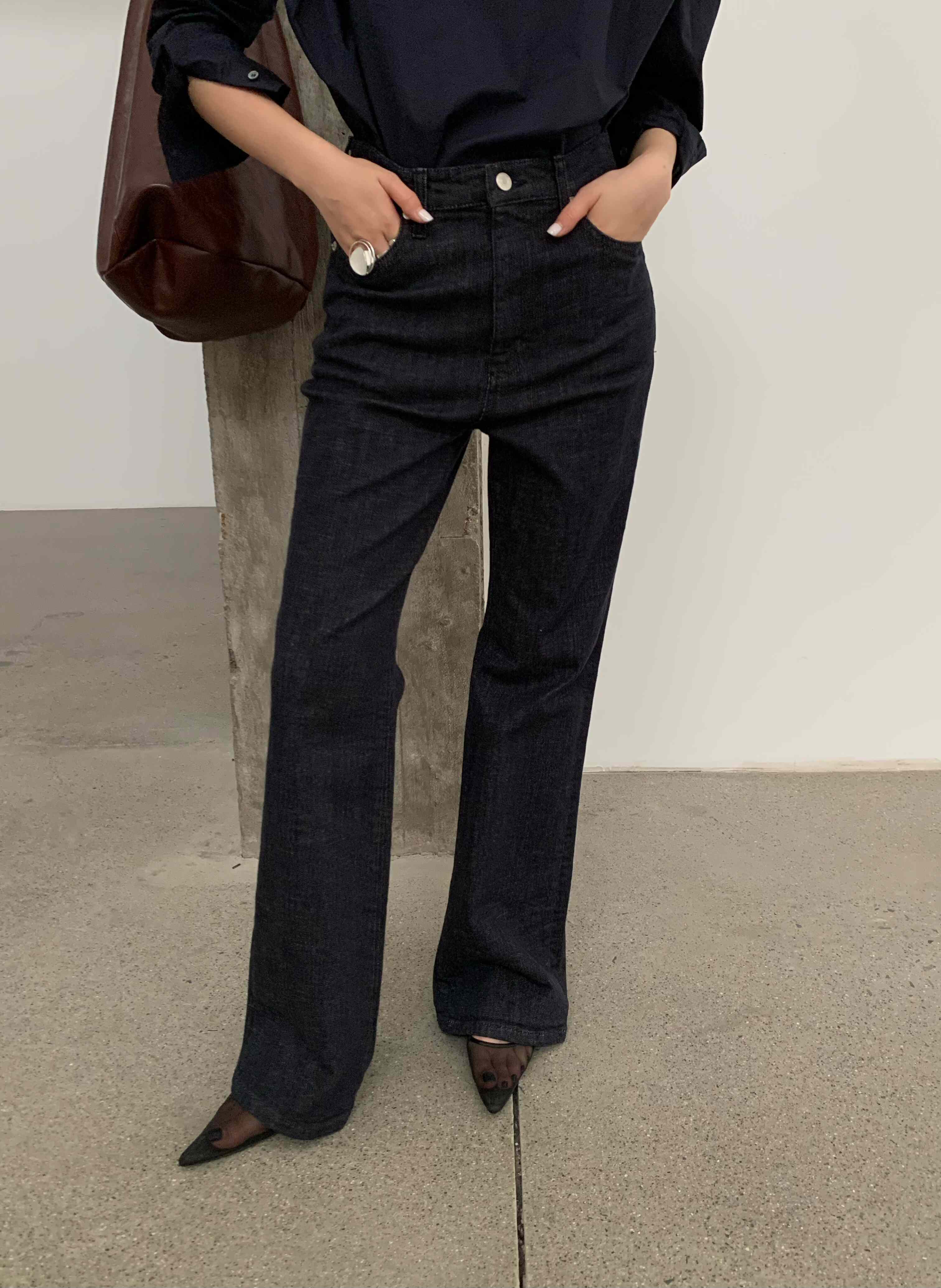 wait more休闲原牛直筒微喇牛仔裤女高腰修身显瘦长裤百搭马蹄裤