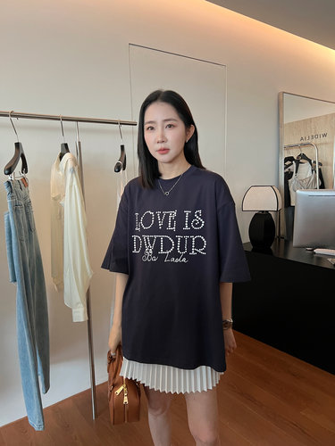widelia美式复古高级中长款字母短袖T恤2026夏季宽松圆领情侣上衣
