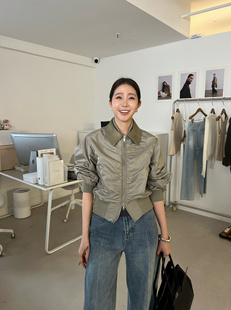 WIDELIA复古翻领拼接棒球服夹克短外套2025春季褶皱百搭拉链上衣