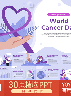 世界健康日医学医疗公益健康宣传紫色彩带预防研究教育PPT模板