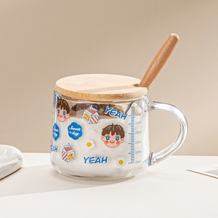 玻璃杯ins卡通可爱水杯刻度吸管杯盖勺把手防烫耐热宿舍办公家用