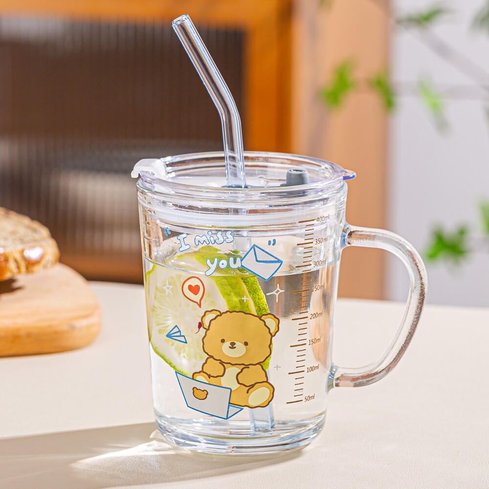 ins可爱小熊卡通玻璃杯带盖吸管杯盖勺耐热牛奶杯带把手水杯家用图片